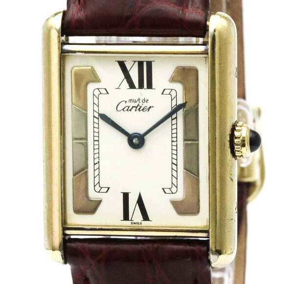 CARTIER Tank Vermeil Gold Plated Leater Quartz Mens Watch 590005